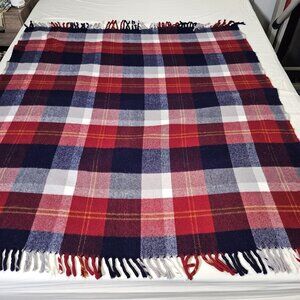 Faribo Blanket Throw Plaid Red Blue White Wool Blend 56x51 USA Fringed Cozy